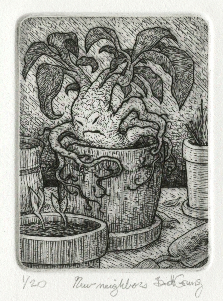 New Neighbors. Engraving by Brett Grunig